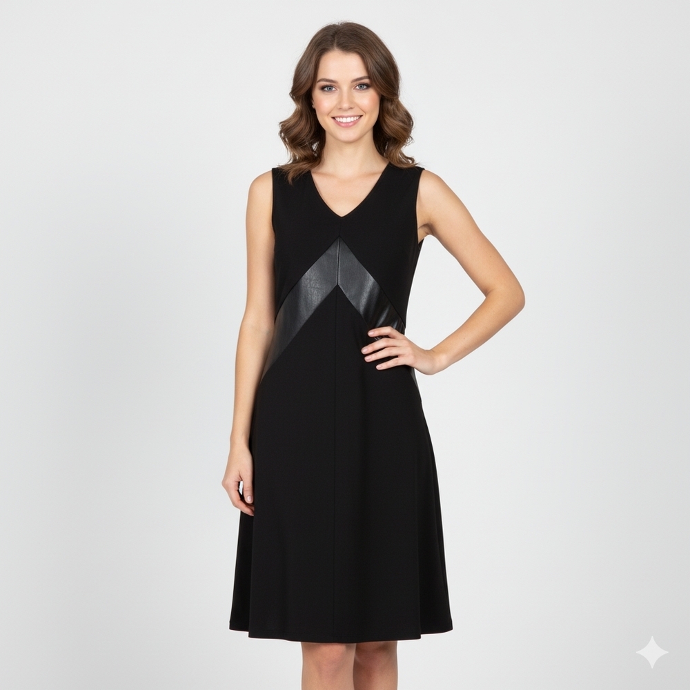 Joseph Ribkoff Black Midi Dress with Faux Leather